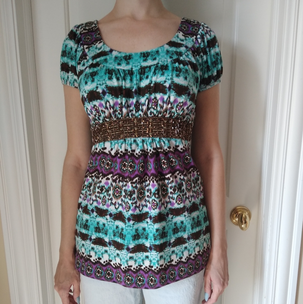 Multicolor Boho Beaded Tie Waist Tunic Empire Waist Speechless Women’s Small
